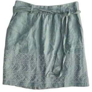 Banana Republic Linen Mini Skirt Embroidered Belted Pockets Lined Women 2 Green